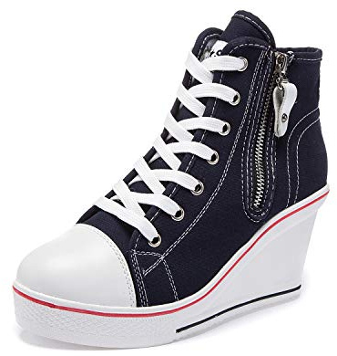 Mujer Cuñas Zapatos De Lona High-Top Tacón 7 CM Zapatos Casuales Talla Grande Zapatillas de Cuña para Mujer Zapatillas de Deporte Zapatillas Altas Primavera/Verano Tacón Cuña