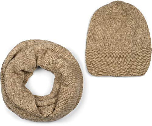 styleBREAKER Unisex Strick Loop Schal und Mütze Set, Einfarbiger Strickschal mit Beanie Strickmütze, Winter 01018214, Farbe:Braun