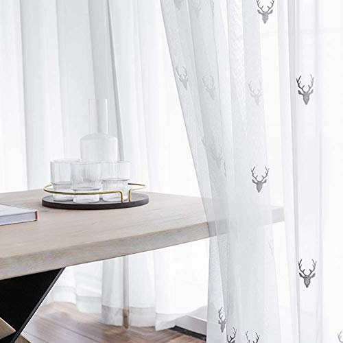 ZYY-Home curtain Vorhang Voile Hirsch Stickerei Tüll Transparent Gardinen mit Ösen Fensterschal, für Wohnzimmer Schlafzimmer Balkon Vorhänge 2 Stück,W100xL250cm