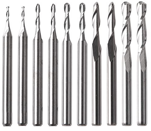 Yakamoz 10Pcs 1/8 Shank 1.0-3.175mm Spiral CNC End Mill Router Bits 2 Flutes Upcut Milling Drill Bit Ball Nose End Milling Cutter for MDF Acrylic Wood PVC Hardwood