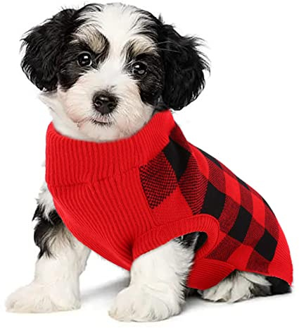 KATZINST Hundepullover Kleine Hunde, Hunde Weihnachtspullover, Fleece Hundepullover Weihnachten mit Karomuster, Pullover für Französische Bulldogge Dackel Chihuahua Yorkshire, Rot Schwarz S