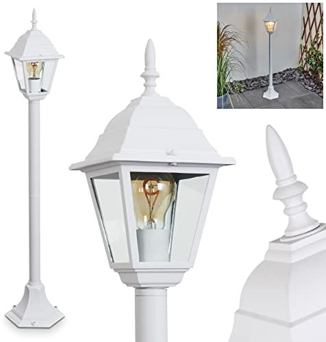 Außenwegeleuchte Naofe, Außenlampe in antikem Look aus Metall/Glas in Weiß/Klar, Retro/Vintage Gartenlampe 105,5 cm, Wegeleuchte m. Klarglas-Scheiben für Terrasse/Hof m. E27-Fassung, ohne Leuchtmittel