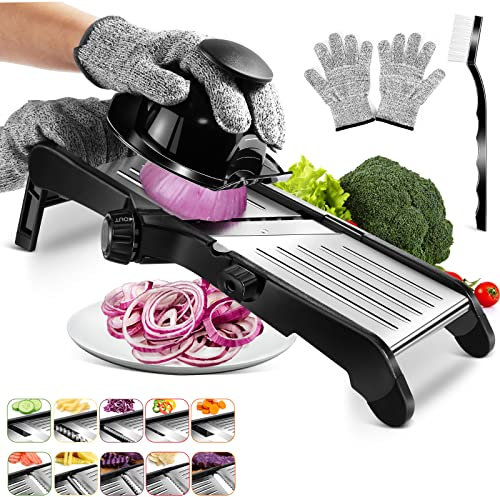 MASTERTOP Mandoline Slicer für Küche Verstellbarer Edelstahl Lebensmittelschneider Gemüseschneider Zwiebel Waffel French Fry Cutter Kartoffel Chip Julienne Slicer mit Sicherheitshandschuhen