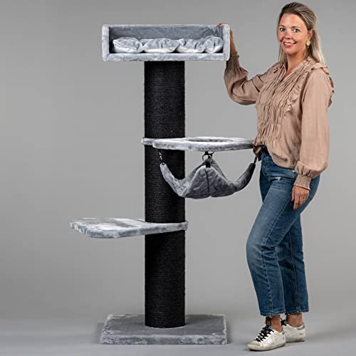 RHRQuality Kratzbaum für große Katzen – Royalty Crown – 158 cm hoch – mit extra dicken 20 cm Sisalstämmen – Blackline Hellgrau
