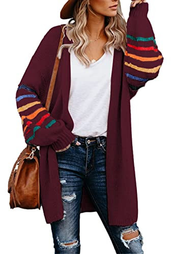 AlvaQ Women's Cardigans Long Sleeve Open Front Rainbow Striped Color Block Loose Casual Womens Oversized Cardigan Ladies Long Lightweight Knit Outwear Coat Jacket Sweaters Red M UK 10 12