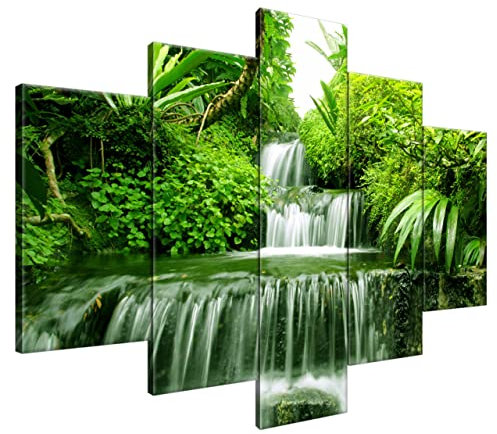 Estika Leinwand bilder - Urwald, Wasserfall, Grüner Wald - 150x105 cm, 5 teilige kunstdruck - Wandbilder wohnzimmer, schlafzimmer, Moderne wanddeko, Bild auf leinwand - Natur bilder - 2353A_5H