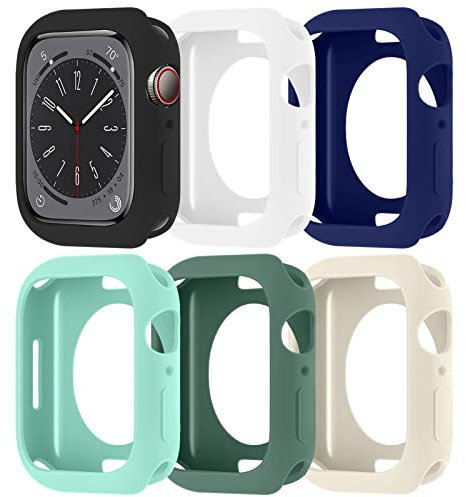 Case for Apple Watch Series 9/Series 8/Series 7 45mm[No Screen Protector], Shock-Proof Soft Silicone Cover for iwatch Serie 9 8 7 6 SE 5 4 [6 pieces], Black/White/Royal Blue/Cyan/Green/Light White