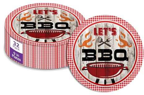 Birthday Galore Red Gingham Party Supplies - BBQ Paper Plates - Summer Barbecue Plates - Large 9 Paper Plates (Let's BBQ, 32 Piece)