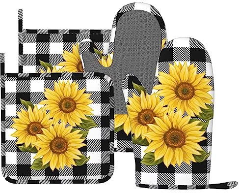 MIFSOIAVV Ofenhandschuhe und Topflappen, Sonnenblume, schwarz-weiß, Büffelkariert, Silikon, gelb, Blumenmuster, Holzfäller, kariert, hitzebeständig, 4 Stück Ofenhandschuhe für die Küche