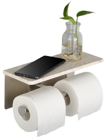 Koville Porte-papier toilette de luxe avec étagère en marbre naturel, fixation murale, finition brossée, double porte-rouleau de papier toilette pour salle de bain, toilettes, convient pour