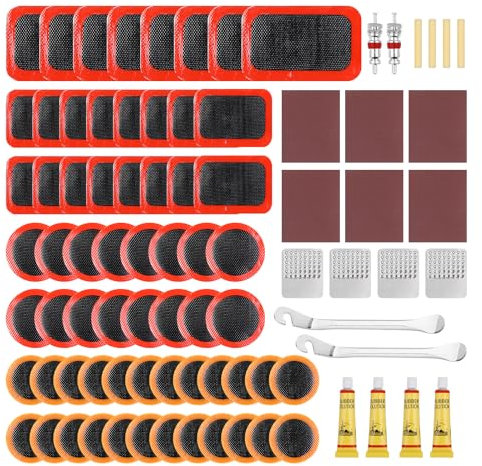 AiQInu Rustine Velo, 86pcs Kit Reparation Pneu Velo, Rustine Chambre a Air, Kit de Crevaison, Boîte de Rangement Portable, Rustines Chambre à Air