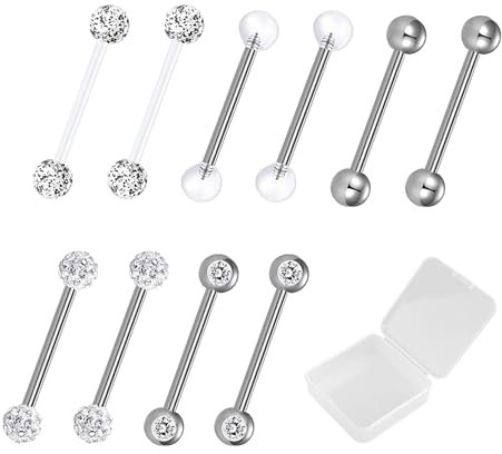 MEMOFYND Lot de 10 clous de langue en métal précieux, avec 1 boîte de rangement transparente, clous de langue de calibre 14, bijoux de piercing de langue, Métal