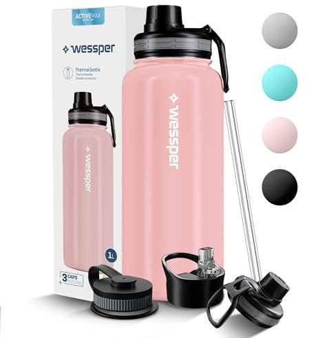 Wessper Botella Agua Acero Inoxidable Botella Termica 1000 ml Sin BPA con 3 Tapones | Rosa Elegante Botella Resistencia al Rayado, fácil de Limpiar | Termo Agua Fria/Caliente para Niños Adultos