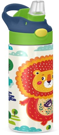 KAAVIYO Orange Bear Birds Trees Water Bottle Stainless Steel Insulated Vacuum Flask Leak Proof with Straw Brush Cup 350ML for Boys Girls Kids