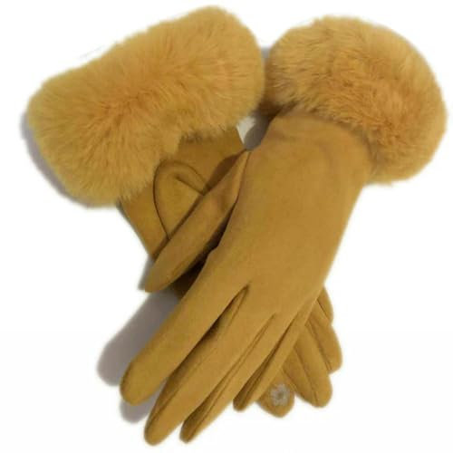 umass Warmer Winter Frauen Handschuhe Stilvolle Hand Fahren Handschuh Leder Wildleder Winter Touchscreen Handschuhe Faux Rabit Pelz Fäustlinge, gelb, Einheitsgröße