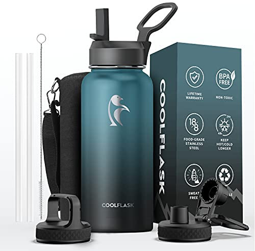 Coolflask Bottiglia D'acqua Isolata da 1L, Bottiglia in Acciaio Inox con Cannuccia e 3 Coperchi, Doppia Bottiglia D'acqua Fredda e Calda a Prova di Perdite Sottovuoto, Nero Indaco