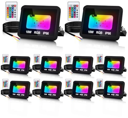 Yakimz 10er 10W RGB Strahler Flutlicht mit Fernbedienung, Farbwechsel Außenstrahler IP66 Wasserdicht Scheinwerfer, 16 Farben 4 Modi, für Außen Party Halloween Hinterhof Deko