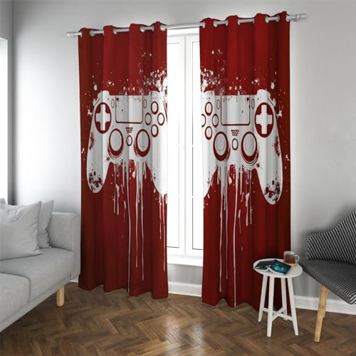 CHERHERART Roter Game Controller Verdunkelungsvorhänge für Kinder Jungen Teenager Schlafzimmer Gaming Gamer Vorhang für Wohnzimmer Öse Fenster Vorhänge 2 Panel Set B168xH300