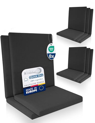 Beautissu 8er Set Premium Niedriglehner Auflage 100% Wasserdicht 100x50cm – UV-beständig Bequem Pflegeleicht Waschbar Sitzkissen Gartenstuhl – Polsterauflage Gartenmöbel Stuhlauflage Anthrazit