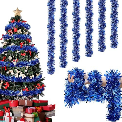 CLHXWU 6 Pcs Ghirlanda Natalizia,12m Natale Tinsel Ghirlanda Blu,Ghirlanda Albero Argento di Natale,Festoni Albero di Natale Decorazioni Natalizie per Interni ed Esterni (Blu)