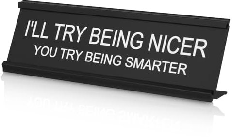 I'll Try Being Nicer You Try Being Smarter Desk Sign for Office, Funny Office Decor Novelty Nameplate Humor Naughty Desk Plaque Supplies Gift for Coworker Colleague Teacher Manager Boss