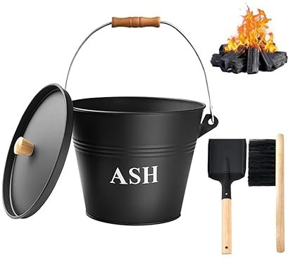 Seau à cendres avec couvercle, pelle et balai à main, seau en métal de 5 L, base renforcée et cendrier, foyer, poêle à bois pour cheminée, ensemble d'outils en fer galvanisé
