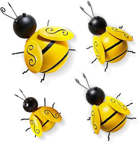 WEIWUXIAN 4 Stücke Metall Bienen Dekorationen, 3D-Bienen-Wanddekoration, Hummel Gartendekoration aus Metall, Insekten Home Dekorationen, Hofzaun-Skulptur, für Garten Rasen Wohnkultur Indoor Outdoor