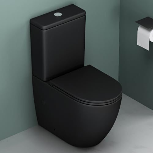 Mai & Mai Stand WC mit Spülkasten spülrandloses-WC bodenstehende-Toilette | aus Keramik, matt schwarz 36x63x82cm, mit Absenkautomatik inkl. Spülkasten, Stand179T