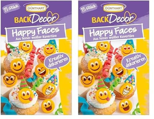 Günthart BackDecor | 15 Happy Faces | aus weißer Schokolade | Tortenaufleger | fröhliche Gesichter | unterschiedliche Motive (Packung mit 2)