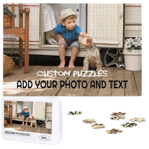 Custom Puzzles Add Your Photo Text Personalised Jigsaw Puzzle for Adult 300, 500, 1000 Pieces Customised Wooden Picture Puzzles with A Plastic Storage Box Xmas, Birthday for Women Men, 300 pcs