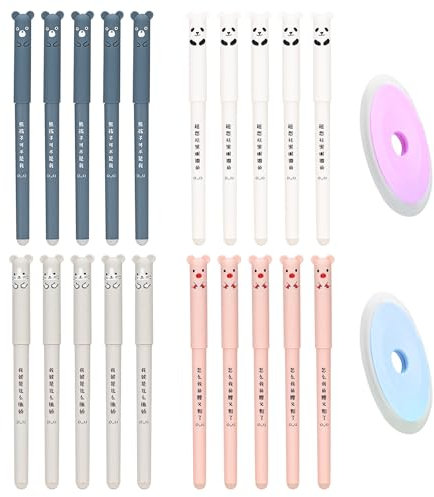 20 Stück Cartoon Radierbarer Kugelschreiber Schwarz, 0,35mm Tintenroller Radierbar mit 2 Radiergummis,Erasable Pen Set Löschbarer Gelstift Panda Gelschreiber Radierbar für Erwachsene Kinder Studenten