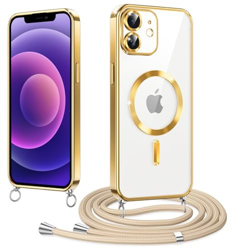 Woijrly Magnetische Handyband mit Band für iPhone 12 Hülle, [Kompatibel mit Magsafe] Handyhülle Case mit justierbarer Schnur Abnehmbar Strap, Crossbody Schutzhülle zum Umhängen Kordel, Gold