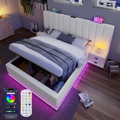 Zepneiy Lit 160x200 avec LED et USB - Coffre de Rangement avec Tête de Lit, Rembourré avec Sommier à Lattes Blanc (sans Matelas)