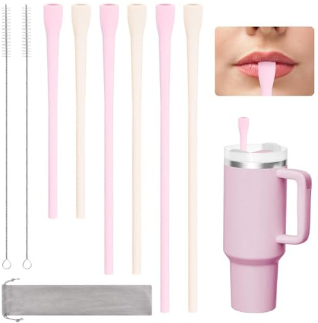 6 Pack Anti Wrinkle Silicone Straws Compatible with Stanley 40 oz 30 oz | Flat Wide Drinking Straw, Reusable Flexible Wrinkle Long Drinking Straws with Cleaner Brush, Perfect for Lip Filler