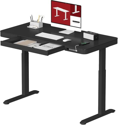 SANODESK Electric Standing Desk with Drawer, Height Adjustable Standing Desk with 4 Memory Presets Function Smart Pannel and USB Ports, 120 x 60 cm (Black Frame + Black Desktop)