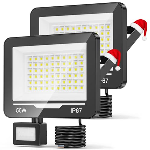 TOPAUBUB 50W 5000LM LED Strahler Fluter mit Bewegungsmelder Außen 2 Stücke, 6500K Kaltweiß Hell LED Scheinwerfer mit Bewegungsmelder, IP67 Wasserdicht Aussenstrahler für Garten Hofbeleuchtung