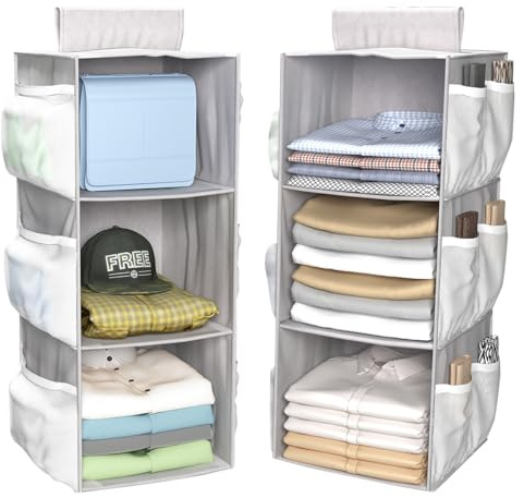 XingyLi 2 estantes colgantes para armario con 3 compartimentos, organizador plegable para armario con bolsillos laterales, ahorra espacio, tela gris, almacenamiento de ropa, estantes para dormitorio