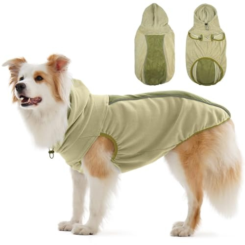 IECOii Hundefleecejacke Herbst/Winter,XXL dünne warme Mäntel, Jacken für Hunde,winddichter Wintermantel für kaltes Wetter, reflektierende Haustierjacke mit Kapuze,Fleecemantel mit Leinenloch, Grün,2XL