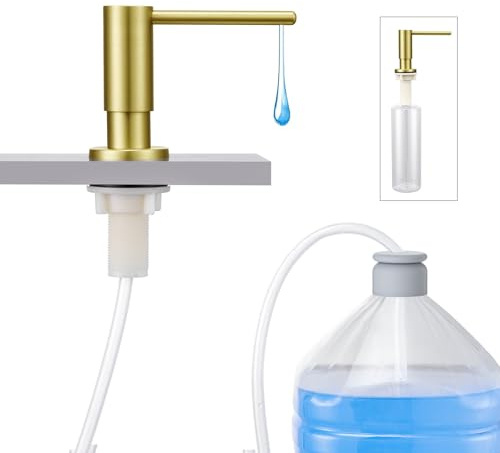 Aktines Distributeur de Savon intégré pour éviers de Cuisine dans Le Plan de Travail avec Bouteille de 500ml et 1m de Tuyau d'extension pour Le Remplissage par Le Haut Acier Inoxydable brossé doré