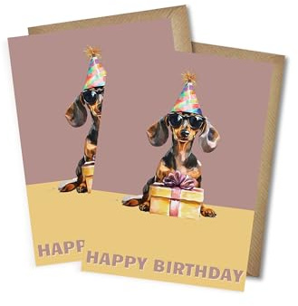 Lustige Geburtstagskarte mit Dackel-Motiv mit Umschlag - Geburtstagskarte “Happy Birthday” Dackel mit Sonnenbrille Glückwunschkarte Herzliche Geschenkkarte zum Geburtstag Hundeliebhaber (2er-Set)