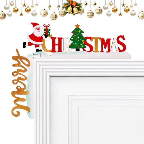 AMSNINK Weihnachtsdeko Tür Rahmen Deko Holz Merry Christmas Mit Weihnachtsmann & Tannenbaum – Türrahmen Deko Weihnachten, Weihnachten Dekoration Für Tür, Fenster, Kamin & Innenräume, Wiederverwendbar