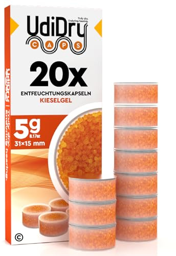 20 Trockentabletten für Hörgeräte UdiDry Caps 5g (31mm) Entfeuchtungstabletten mit Kieselgel - einzeln verpackt Trockentabs Trockner Tabletten Trockenkapseln zur Pflege und Trocknung von Hörsystemen