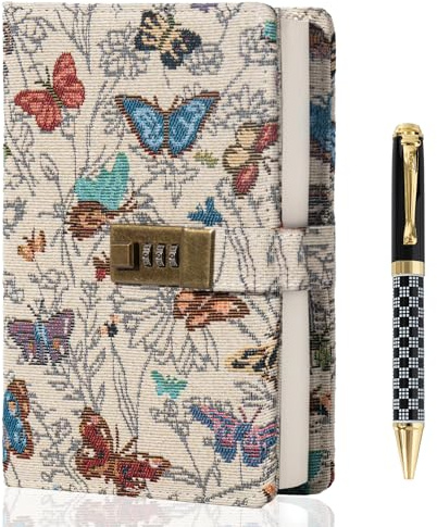 TIEFOSSI Besticktes Tagebuch mit Schloss, Liniertes Tagebuch mit Schloss für Frauen und Männer, Ästhetisches Notizbuch mit Stift, Hardcover-Notizbuch zum Tagebuchschreiben und Planen