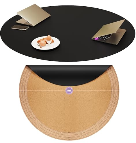 Vyaaa Runde Tischsets aus PU-Leder und Kork, 106cm zuschneidbare Tischdecke, runder Tischläuferschutz, geeignet für Esstische mit Einer Größe von 89 cm - 106 cm, Schwarz