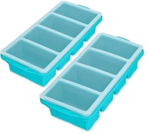 Juego de 4 bandejas grandes silicona for sopa y congelador, con compartimentos tapa(Lake blue)