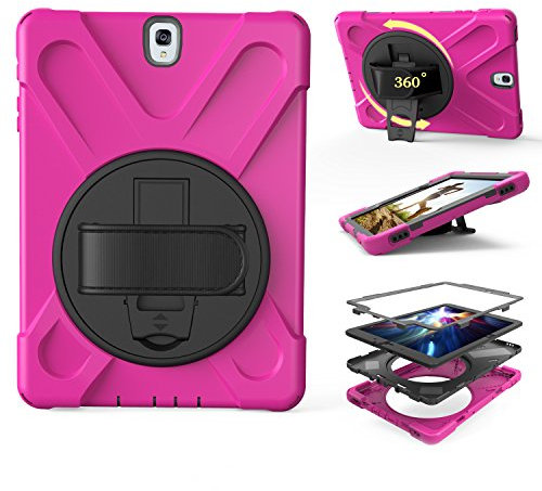 ZiHang Funda para Galaxy Tab S3 9.7, Protección Antivibración Funda Resistente con Soporte Giratorio de 360 Grados y Correa de Mano Compatible con Samsung Galaxy Tab S3 9.7 T820 T825 (Rosa roja)