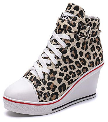 Mujer Cuñas Zapatos 35-43 EU De Lona High-Top Zapatos Casuales Encaje Talla Grande Zapatillas de Cuña para Mujer Verano Tacón Cuña Zapatillas de Deporte Zapatillas Altas Primavera,02leopardo,38