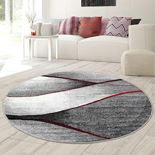 Teppich-Traum Runder moderner Dekoteppich Wellen Design in rot grau anthrazit - pflegeleicht Größe 160 cm rund