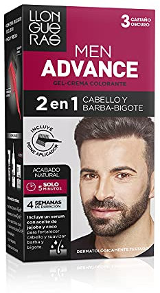 Llongueras – Men Advance, Gel Crema Colorante 2 en 1, para Cabello y Barba-Bigote, con Aceite de Jojoba, Coloración Masculina, Nutre e Hidrata, Acabado Natural en 5 Minutos, Tono 3, Castaño Oscuro