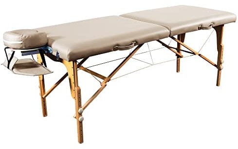 Zen Basic Niveau Massage-Liege klappbar und höhenverstellbar – mobiler Massagetisch aus Vollholz mit abgerundeten Kanten für aktive Massagestile, Aluminium-Kopfteil und Kosmetik-Tisch Tasche (Creme)